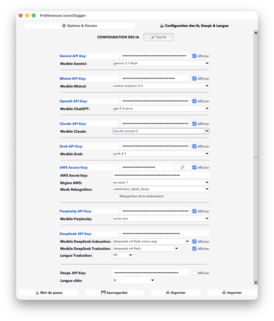 Configuration des fournisseurs d’intelligence artificielle et des clés API dans IconoTagger