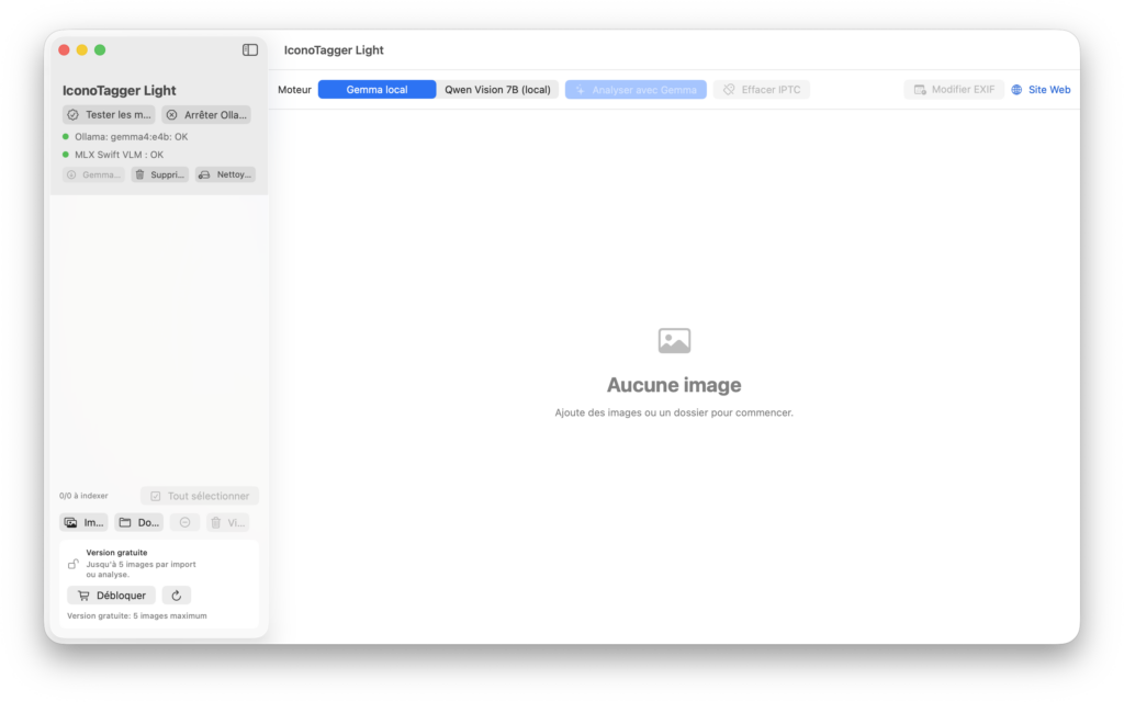 Interface d’IconoTagger Light avec Gemma et Qwen Vision pour l’indexation photo locale sur Mac