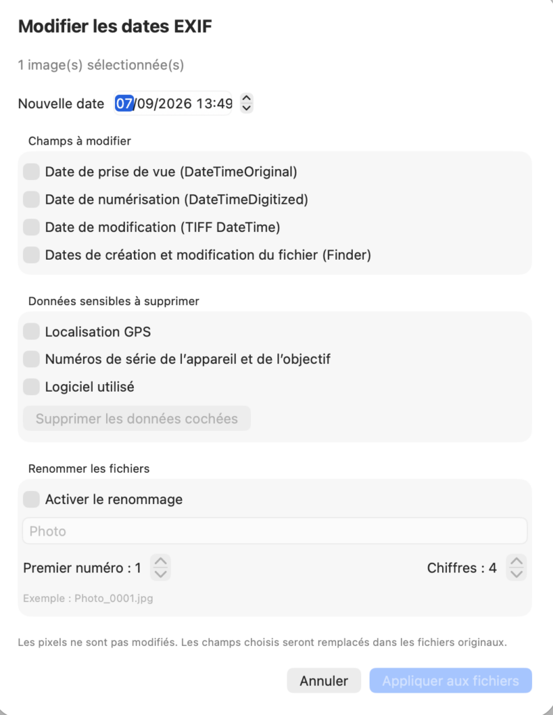 Modification des dates EXIF, suppression des données GPS et renommage des photos dans IconoTagger Light
